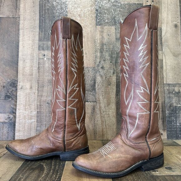 Custom Tall Vintage Brown Cowboy Boots Mens 9 D - Picture 1 of 12